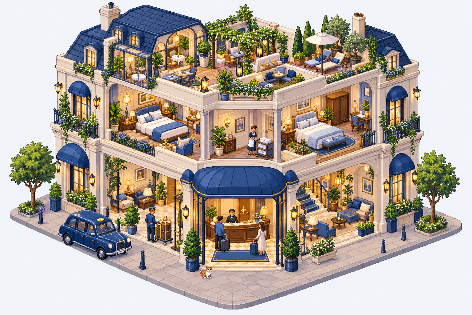 Pixel hotel: the facade in guest mode and open rooms in manager mode.